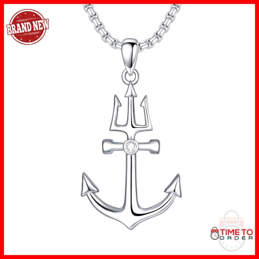 Sterling Silver Anchor Trident Necklace, 22 Inch Chain, Nautical Jewelry